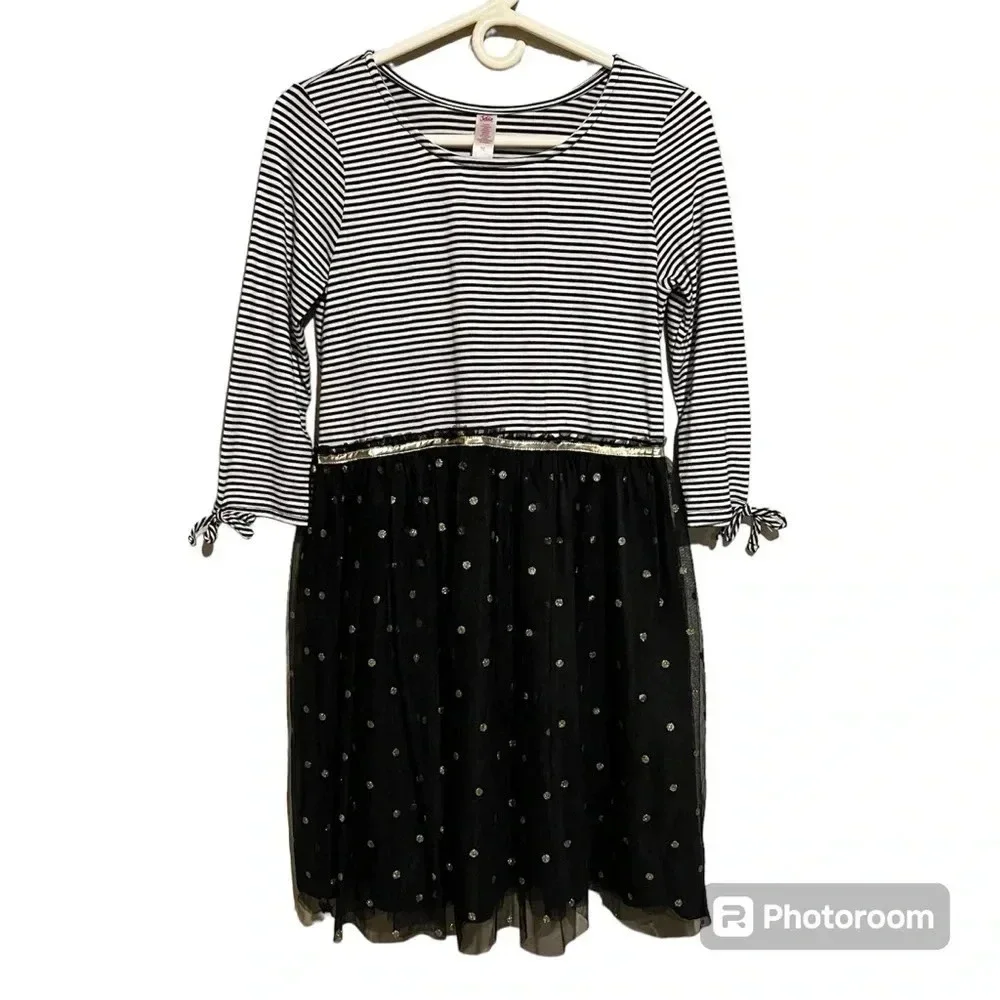 Justice Girls Dress Sz 18 Black White Stripes Tulle Gold Polka Dots Rocker Chic